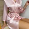 Robe de Nuit en Satin pour Femme, Couleur Unie, Manches sulf, Col en V, avec Ceinture
