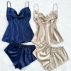 Ensemble de pyjama en satin monochrome pour femme, haut et short sexy, doux et confortable, été, 4 pièces