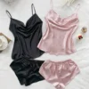Ensemble de pyjama en satin monochrome pour femme, haut et short sexy, doux et confortable, été, 4 pièces