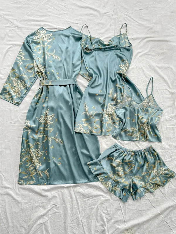 Peignoir d'été confortable imprimé cerise irrégulier et short licou, pyjama sexy pour femmes, ensemble quatre pièces