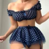 Ensemble de 3 pièces jupe bouffante révélatrice d'épaule à pois, haut en dentelle Sexy, tongs, sous-vêtements, costumes, ensembles exotiques intimes romantiques