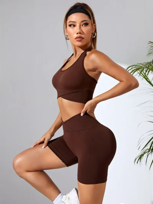 Ensemble soutien-gorge et short de yoga, 2 pièces, taille en V, sans couture, vêtements de sport, fitness