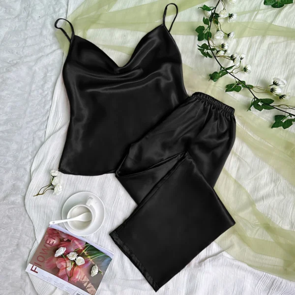 Ensemble pyjama en Satin uni, col drapé, haut caraco, ceinture élastique, pantalon, vêtements de nuit pour femmes, vêtements de détente