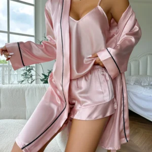 Ensemble pyjama en Satin Simple, manches longues, avec ceinture, col en V, haut et short, vêtements de nuit pour femmes