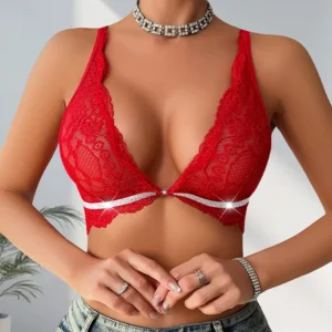 1 pièces rouge Sexy dentelle Sexy Lingerie sans fil sans rembourrage érotique femme sous-vêtements 2025 nouveau Style fermeture avant brillant dame soutien-gorge brassière