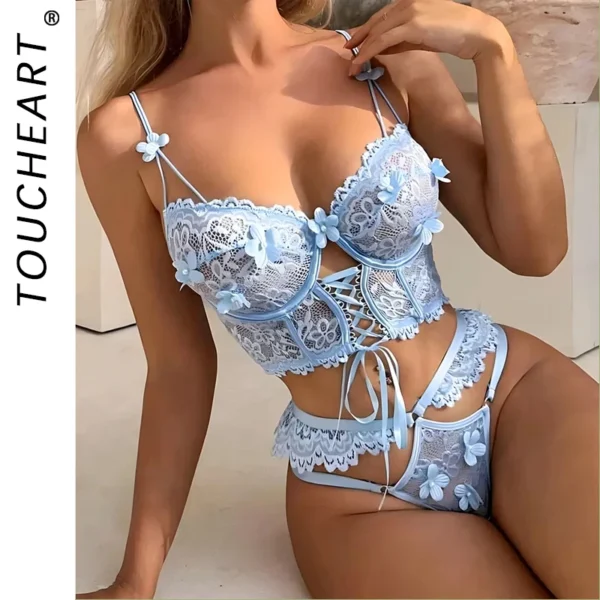 Toucheart Sexy Lingerie sangle à armatures dentelle soutien-gorge pour les femmes Sexy perlé 3D fleur évider transparent à lacets ensemble de sous-vêtements