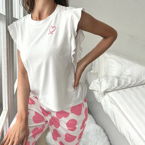 Ensemble pyjama imprimé cœur pour femmes, haut et pantalon à manches courtes, vêtements de nuit 2 pièces, doux et confortables, vêtements de maison, costume de salon, automne