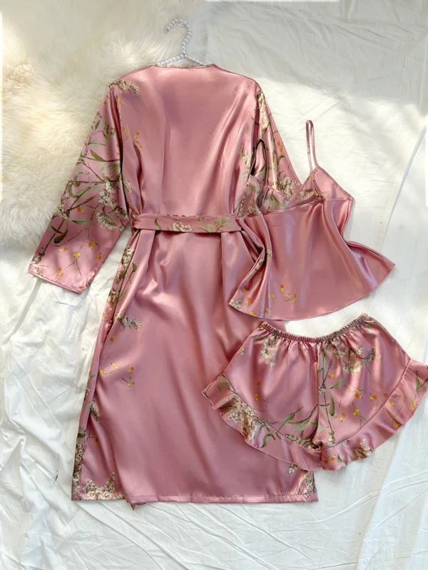 Peignoir d'été confortable imprimé cerise irrégulier et short licou, pyjama sexy pour femmes, ensemble quatre pièces