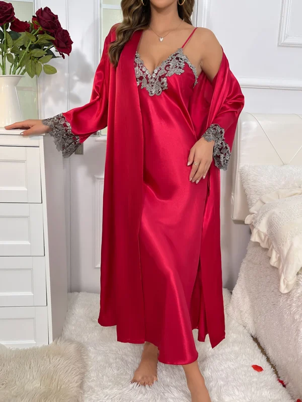 2cs contraste dentelle à manches longues ceinturé Robe col en V Robe Sexy élégant femmes pyjamas ensembles