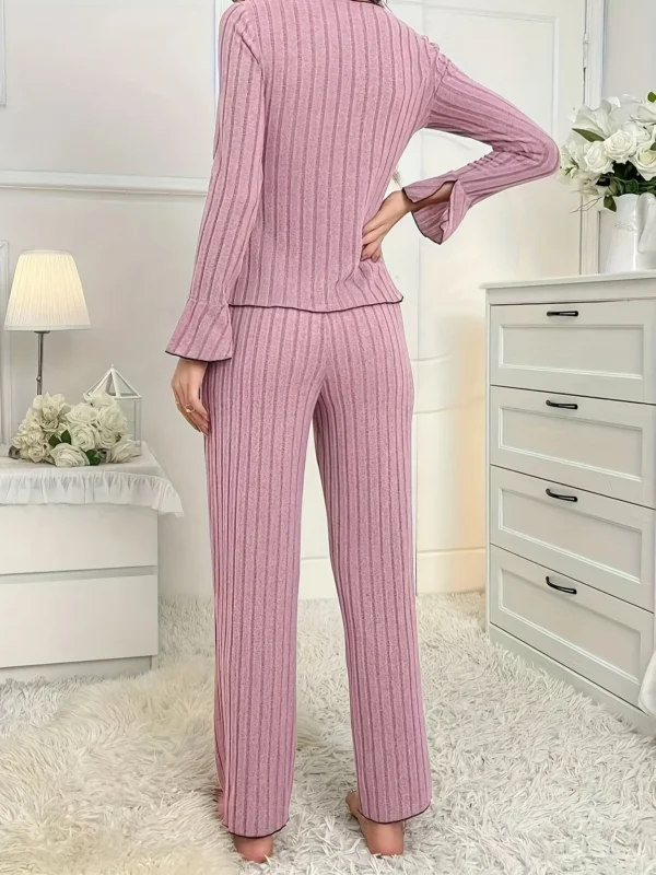 Ensemble pyjama 2 pièces pour femmes, couleur Pure, nœud élégant, Simple, manches longues, pantalon, automne et hiver