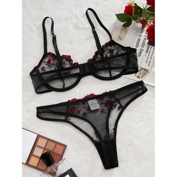Ensemble de soutien-gorge et culotte pour femme, sous-vêtements en maille brodée florale, lingerie sexy, dentelle transparente, kits de bralette courts pour soins de la peau, 2 pièces