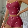 Ensemble pyjama d'été pour femmes, vêtements de nuit, imprimé cœur, Sexy, côtelé, nœud décoratif, col rond, dos nu, haut court et short, vêtements de nuit
