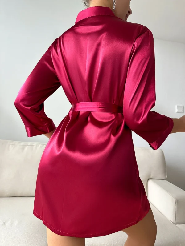Robe de Nuit en Satin pour Femme, Couleur Unie, Manches sulf, Col en V, avec Ceinture