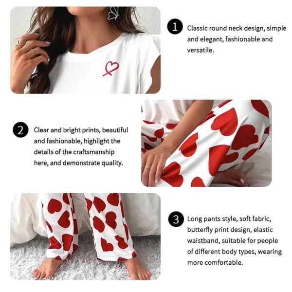 Ensemble pyjama imprimé cœur pour femmes, haut et pantalon à manches courtes, vêtements de nuit 2 pièces, doux et confortables, vêtements de maison, costume de salon, automne