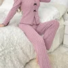Ensemble pyjama 2 pièces pour femmes, couleur Pure, nœud élégant, Simple, manches longues, pantalon, automne et hiver