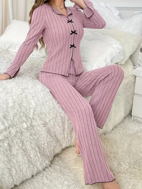 Ensemble pyjama 2 pièces pour femmes, couleur Pure, nœud élégant, Simple, manches longues, pantalon, automne et hiver