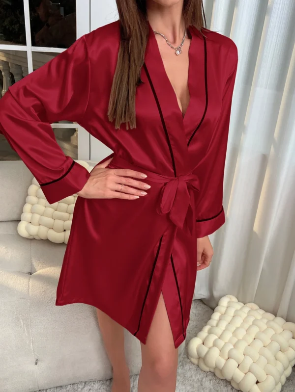 Robe de nuit en Satin Simple, élégante, col en V, manches longues, avec ceinture, vêtements de nuit pour femmes