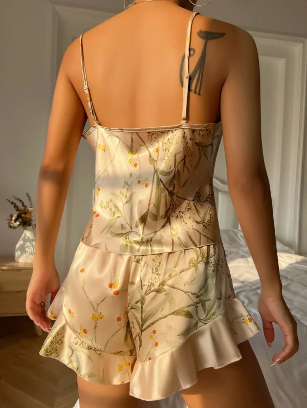 Ensemble pyjama élégant imprimé Floral, haut caraco, ourlet à volants, short, vêtements de nuit pour femmes