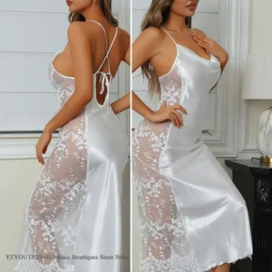 Chemise de nuit longue ajourée, Sexy, vêtements de nuit, Patchwork, Perspective, dentelle, Lingerie pour femmes, vêtements de maison, rayonne