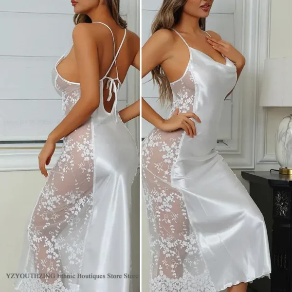 Chemise de nuit longue ajourée, Sexy, vêtements de nuit, Patchwork, Perspective, dentelle, Lingerie pour femmes, vêtements de maison, rayonne