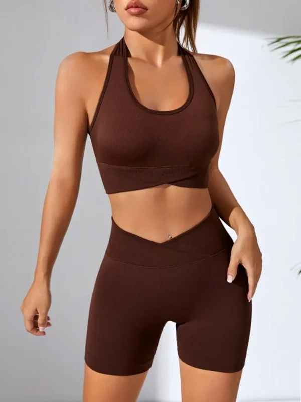 Ensemble soutien-gorge et short de yoga, 2 pièces, taille en V, sans couture, vêtements de sport, fitness