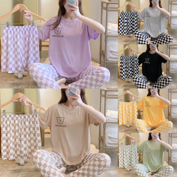 Pyjama trois pièces d'été pour femmes, vêtements de maison, pantalon à manches courtes, dessin animé, loisirs, ensemble pyjama pour femmes, nouvelle collection