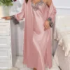 2cs contraste dentelle à manches longues ceinturé Robe col en V Robe Sexy élégant femmes pyjamas ensembles