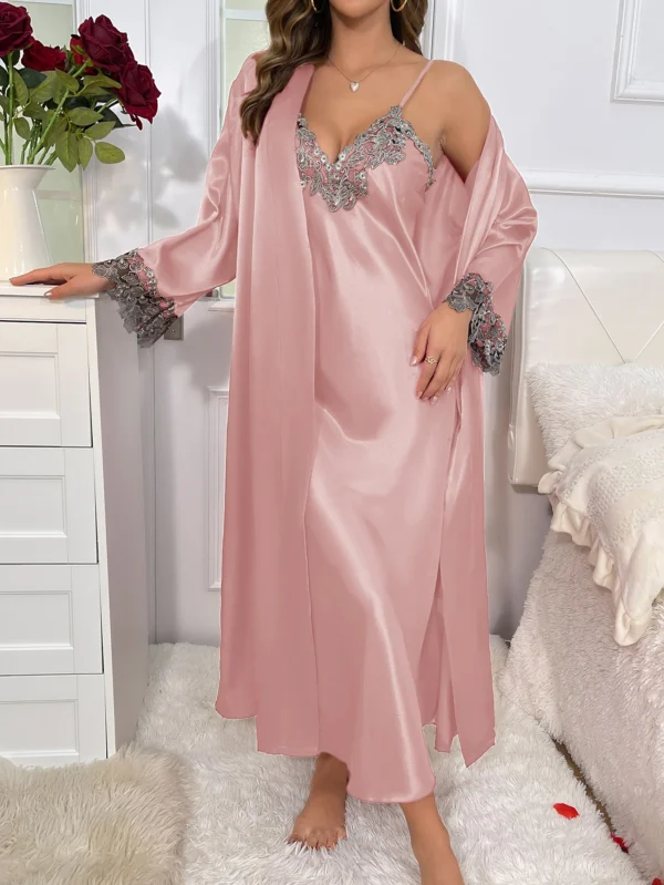 2cs contraste dentelle à manches longues ceinturé Robe col en V Robe Sexy élégant femmes pyjamas ensembles