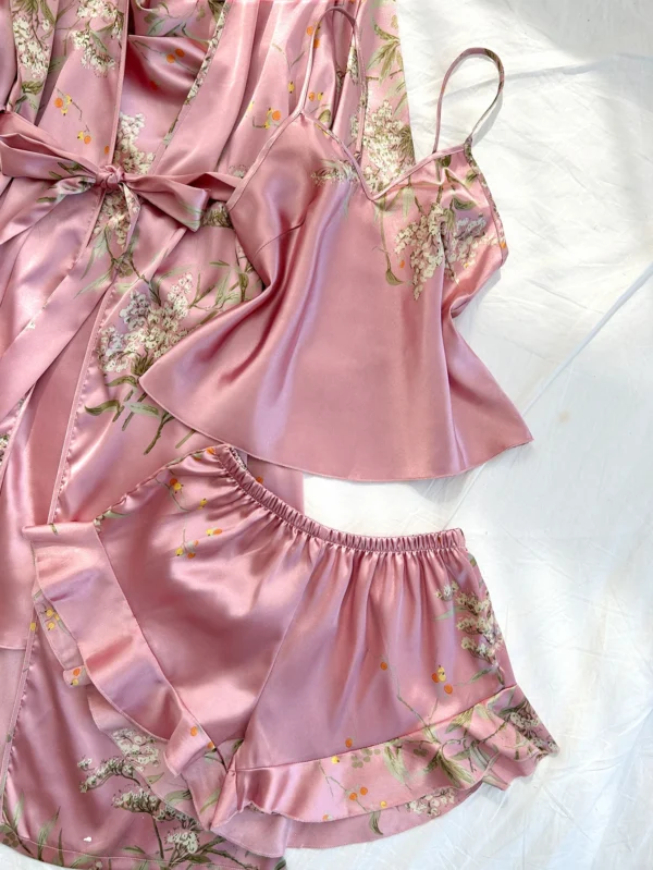 Peignoir d'été confortable imprimé cerise irrégulier et short licou, pyjama sexy pour femmes, ensemble quatre pièces