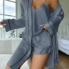 Ensemble pyjama en Satin Simple, manches longues, avec ceinture, col en V, haut et short, vêtements de nuit pour femmes