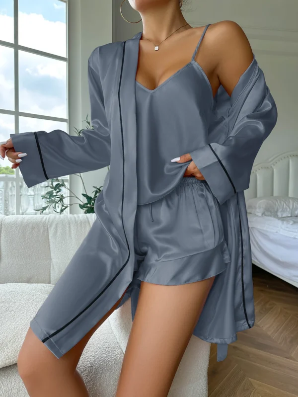 Ensemble pyjama en Satin Simple, manches longues, avec ceinture, col en V, haut et short, vêtements de nuit pour femmes