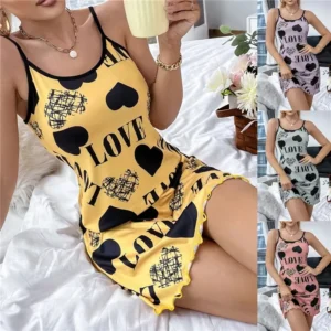 Été nouvelle chemise de nuit pour femmes beauté dos Section mince de vêtements de maison Sexy licou jupe courte amour dessin animé mignon impression pyjamas