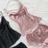 Ensemble de pyjama en satin monochrome pour femme, haut et short sexy, doux et confortable, été, 4 pièces