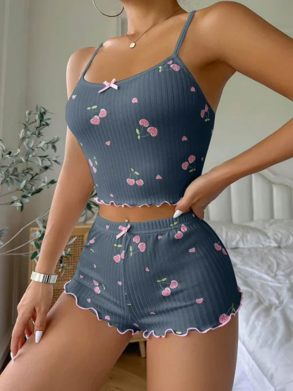Ensemble pyjama d'été pour femmes, vêtements de nuit, imprimé cœur, Sexy, côtelé, nœud décoratif, col rond, dos nu, haut court et short, vêtements de nuit