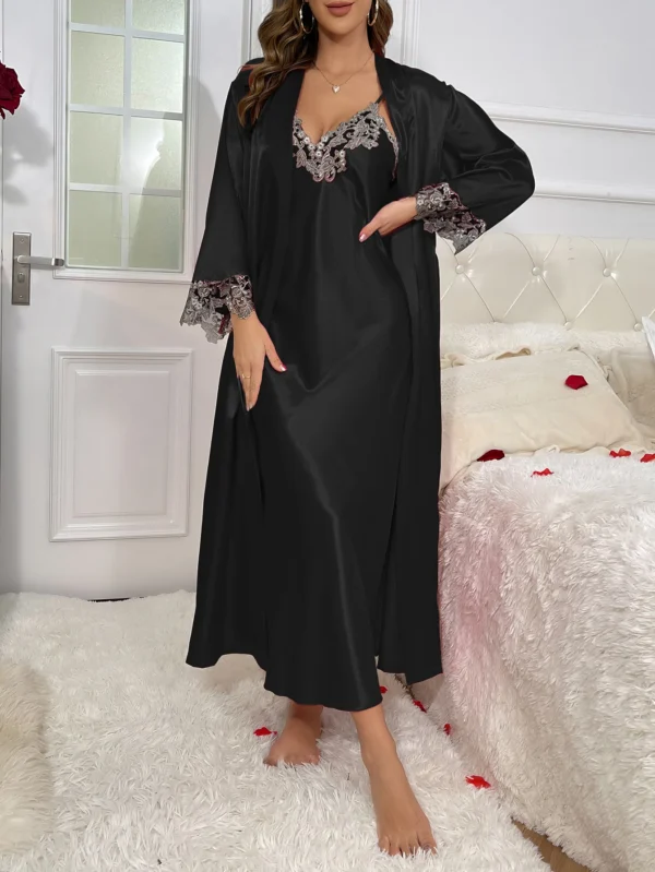 2cs contraste dentelle à manches longues ceinturé Robe col en V Robe Sexy élégant femmes pyjamas ensembles