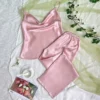 Ensemble pyjama en Satin uni, col drapé, haut caraco, ceinture élastique, pantalon, vêtements de nuit pour femmes, vêtements de détente