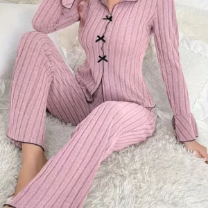 Ensemble pyjama 2 pièces pour femmes, couleur Pure, nœud élégant, Simple, manches longues, pantalon, automne et hiver