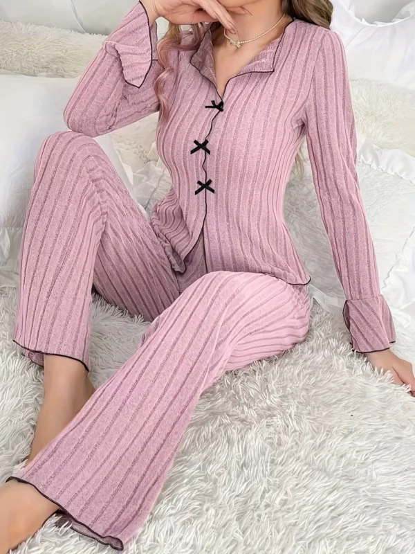 Ensemble pyjama 2 pièces pour femmes, couleur Pure, nœud élégant, Simple, manches longues, pantalon, automne et hiver