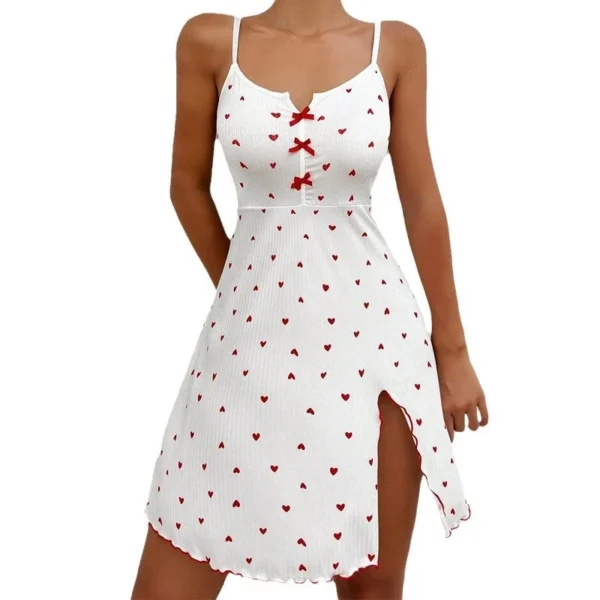 Robe de nuit côtelée imprimée cœur, col en v profond, bretelles Spaghetti, vêtements de maison, meilleure vente européenne et américaine