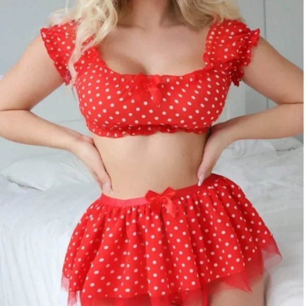 Ensemble de 3 pièces jupe bouffante révélatrice d'épaule à pois, haut en dentelle Sexy, tongs, sous-vêtements, costumes, ensembles exotiques intimes romantiques