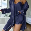 Ensemble pyjama en Satin Simple, manches longues, avec ceinture, col en V, haut et short, vêtements de nuit pour femmes