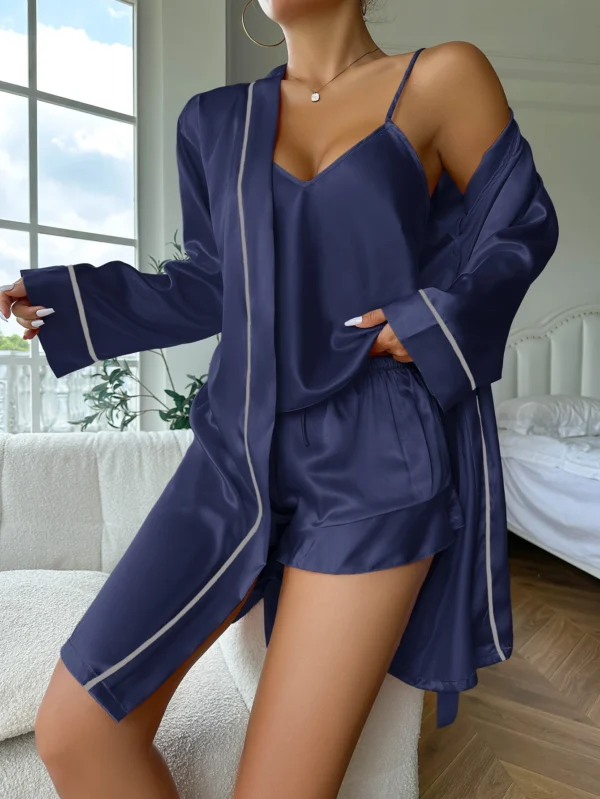 Ensemble pyjama en Satin Simple, manches longues, avec ceinture, col en V, haut et short, vêtements de nuit pour femmes