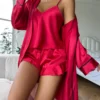 Ensemble pyjama en Satin Simple, manches longues, avec ceinture, col en V, haut et short, vêtements de nuit pour femmes