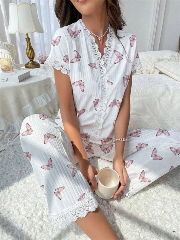 Ensemble pyjama 2 pièces en dentelle pour femmes, haut à manches courtes avec boutons sur le devant et pantalon pleine longueur, imprimé cerise, vêtements de nuit, vêtements de maison