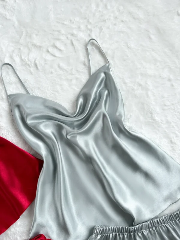 Ensemble de pyjama en satin monochrome pour femme, haut et short sexy, doux et confortable, été, 4 pièces