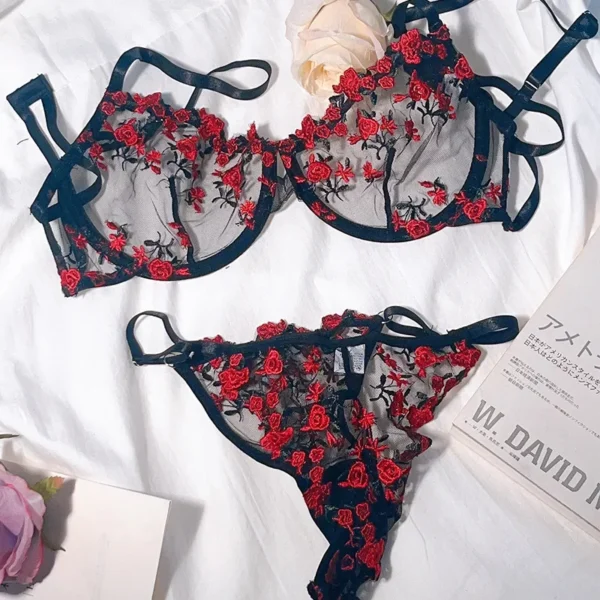 Ensemble de soutien-gorge et culotte pour femme, sous-vêtements en maille brodée florale, lingerie sexy, dentelle transparente, kits de bralette courts pour soins de la peau, 2 pièces