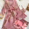 Peignoir d'été confortable imprimé cerise irrégulier et short licou, pyjama sexy pour femmes, ensemble quatre pièces