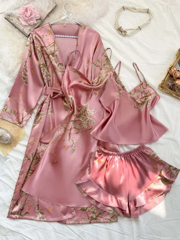 Peignoir d'été confortable imprimé cerise irrégulier et short licou, pyjama sexy pour femmes, ensemble quatre pièces