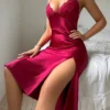 Chemise de nuit longue en dentelle pour femmes, sexy, fente haute, tentation, patchwork, simple, pour la maison