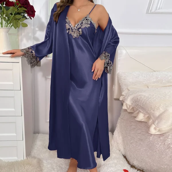 2cs contraste dentelle à manches longues ceinturé Robe col en V Robe Sexy élégant femmes pyjamas ensembles